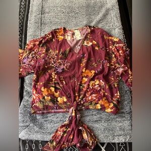 Blu Pepper Burgundy Floral Tie-Front Top